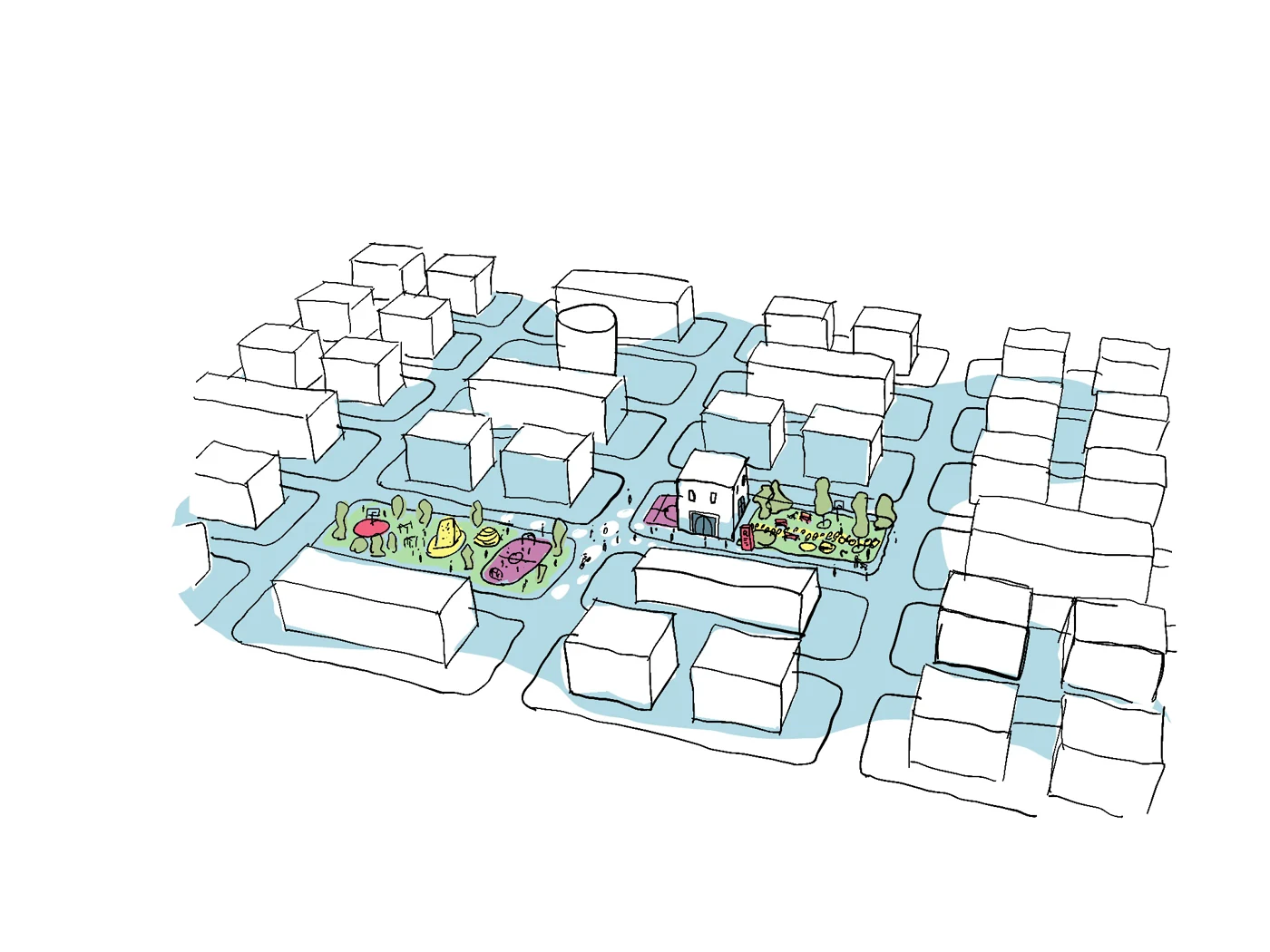 Disegno del quartiere completo: case, spazi aperti e la rete degli spazi pubblici che li collega